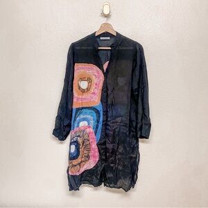 Desigual Long Tunic Sheer Black Block Pattern Blouse Size Large